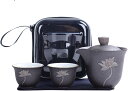 茶器セット 2人用 急須セット 中国茶器 コップ 収納バッグ付き陶器湯呑みセット 旅行ティーセット 携帯茶道具 蓮 黒