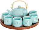 急須 湯呑 陶器製ティーセット 茶器セット 内蔵茶こし モダンでシンプルな高級テ 急須 ィーカップとティートレイ 家庭用 ティーポット容量690ml (ブルーA...