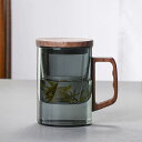 ガラスカップ マグ 水筒 茶水分離式 茶漉し 透明 耐熱ガラス 木製ふた 会社 自宅用 冷水/熱湯OK 400ML 蓋付き リーフティポット 断熱 おしゃれ 大...