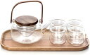 ガラスポット ダブルウォールグラス きゅうす 透明 直火可 ティーセット カップ*4/トレー 竹製ハンドル ガス 分離式 茶こし付き 蓋付き 水出し 断熱保温 ...
