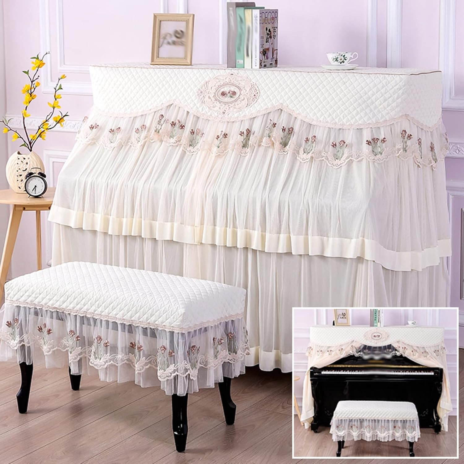 ピアノカバー アップライトピアノカバー 直立型 フルカバー レース 欧風 おしゃれ 花柄 刺繍 柔らかい 遮光 防塵 軽量 汚れ防止 厚手 防塵カバー ピアノ保護カバー フリル付き ピアノ掛け 間口1