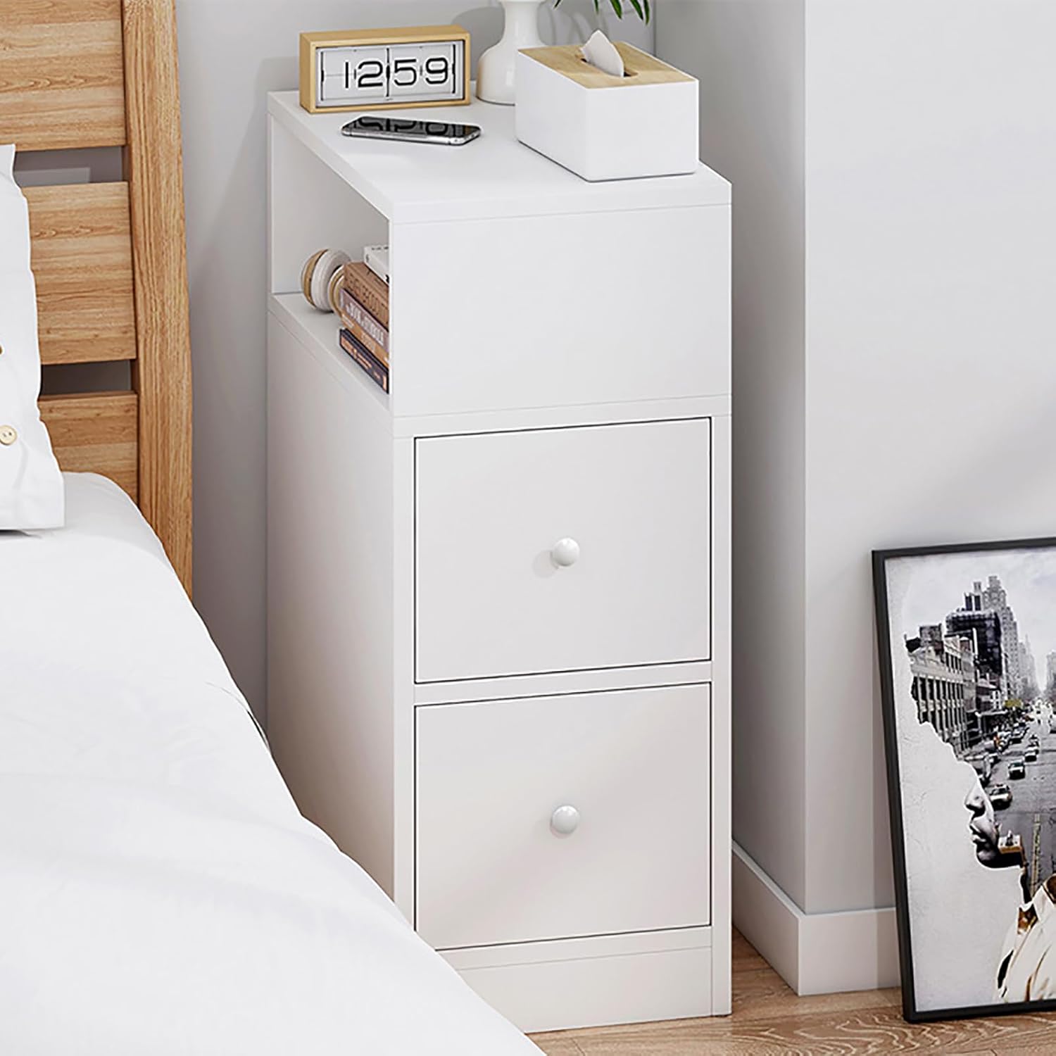 ベッドサイドテーブル スリム ナイトテーブル サイドチェスト 引き出し付き 収納 床?? 白 木製 小型 小規模住宅向けの設計 幅25/30cm 組み立てが簡単