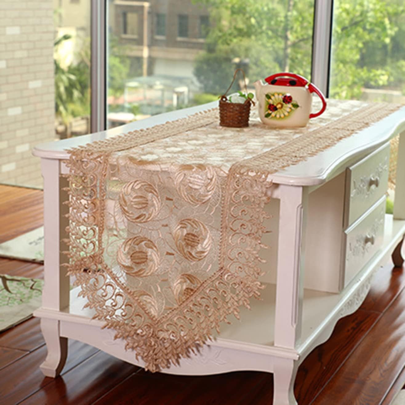 楽天OS STOREレース テーブルランナー 40*200cm 長方形 レースの布刺繍テーブルランナー テーブル コーヒーテーブル テーブルクロス カーキ テレビキャビネット ベッドサイド 装飾用テーブルカバー ドレッサ