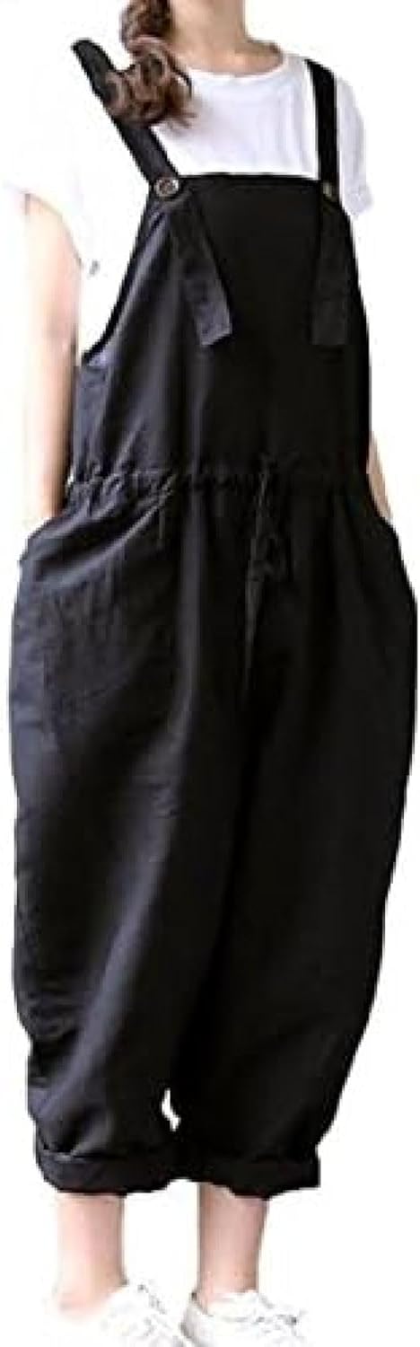 サロペット サルエル パンツ 留めボタン オーバーオール M 〜 3XL 黒 ブラック ゆったり シンプル 大きい サイズ レディース #023