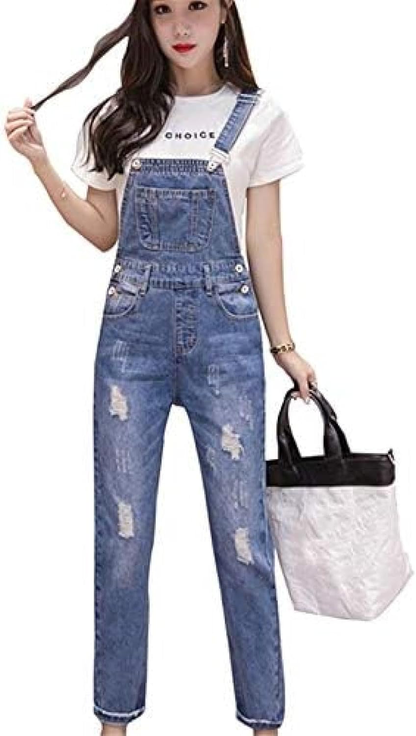 レディース サロペットパンツ ゆったり 春と秋の服 ジーンズ デニム オーバーオール 9分丈のズボン デニム素材 ポケット付き カジュアル 学院 体型カバー