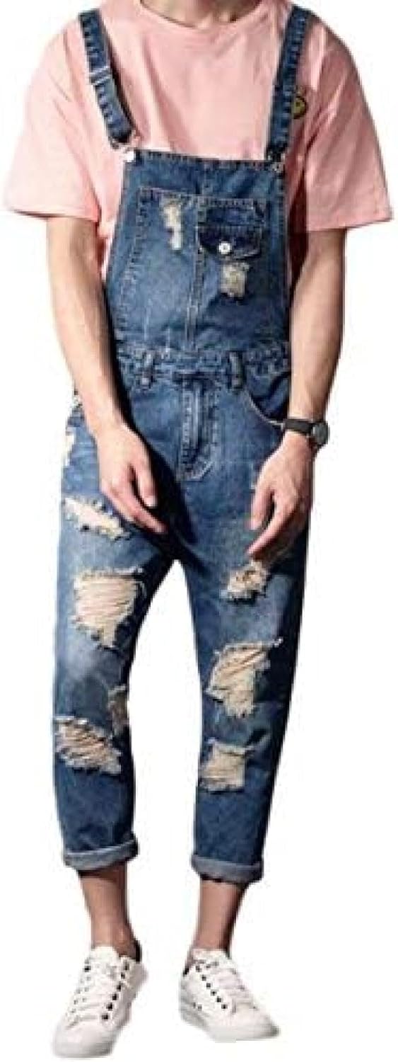 サロペットパンツ メンズ スリム ダメージ加工 ファッション ジーンズ おしゃれ オーバーオール カップル 春 夏