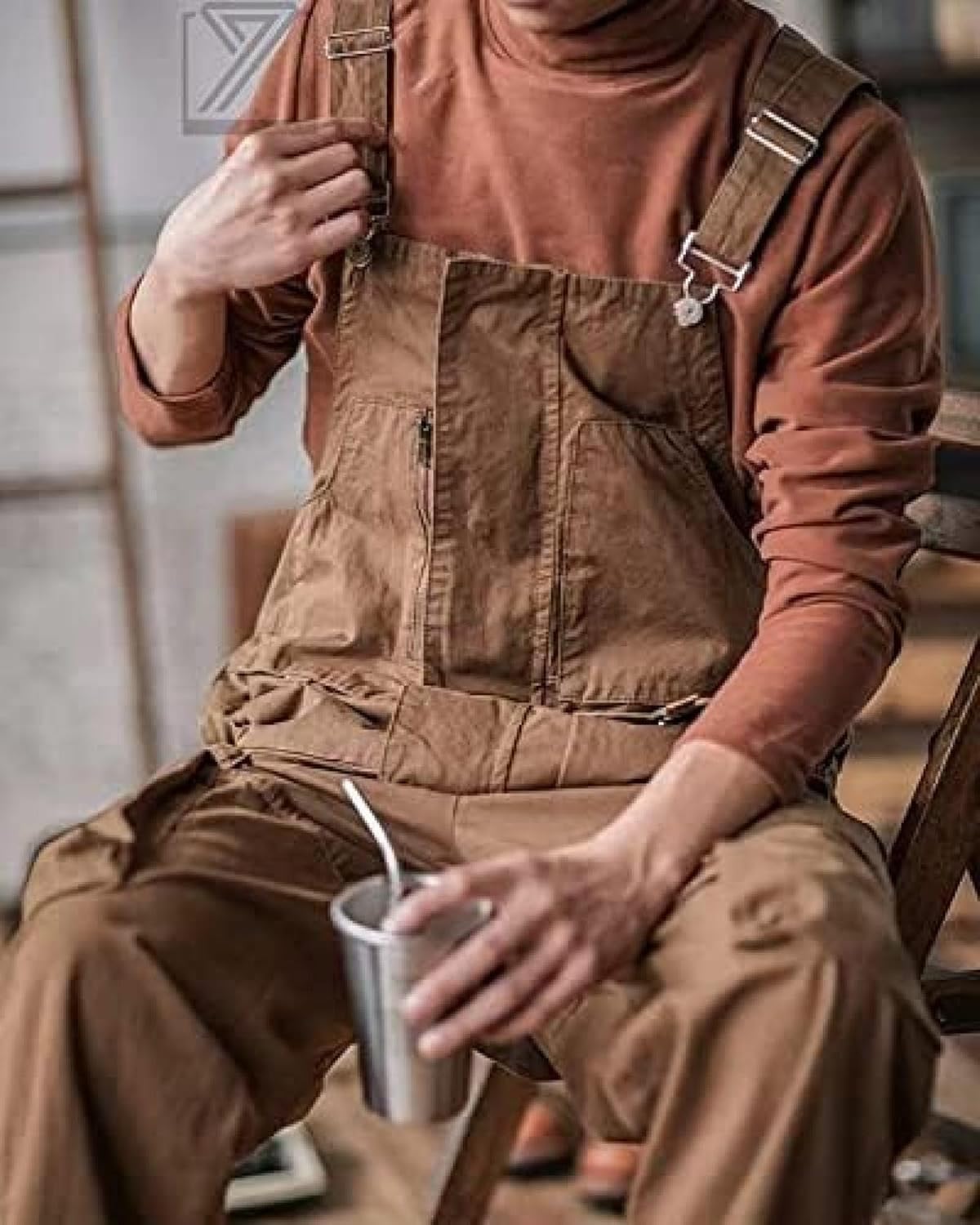 OS STOREのカーゴ オーバーオール メンズ 多ポケット 大きいサイズ 作業着 サロペット つなぎ 男女兼用 デッキパンツ キャンプ アウトドア ワークマン ワークパンツ グリーン ゆったり 茶色 カーキ カジュア｜アングル2