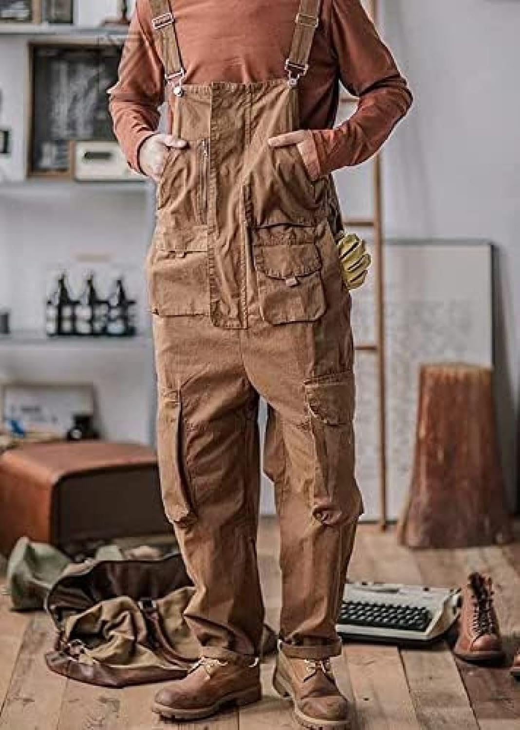 OS STOREのカーゴ オーバーオール メンズ 多ポケット 大きいサイズ 作業着 サロペット つなぎ 男女兼用 デッキパンツ キャンプ アウトドア ワークマン ワークパンツ グリーン ゆったり 茶色 カーキ カジュア｜アングル3