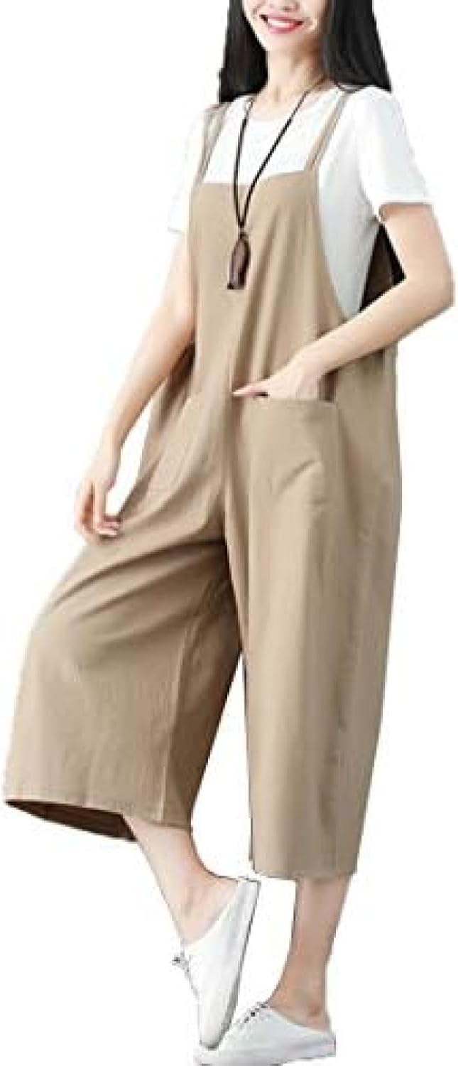 レディース オーバーオール オールインワン サロペット ゆったり ワイドパンツ コットンリネン ズボン カジュアル ストレートパンツ 体型カバー シンプル 無地 3カラー M-3XL