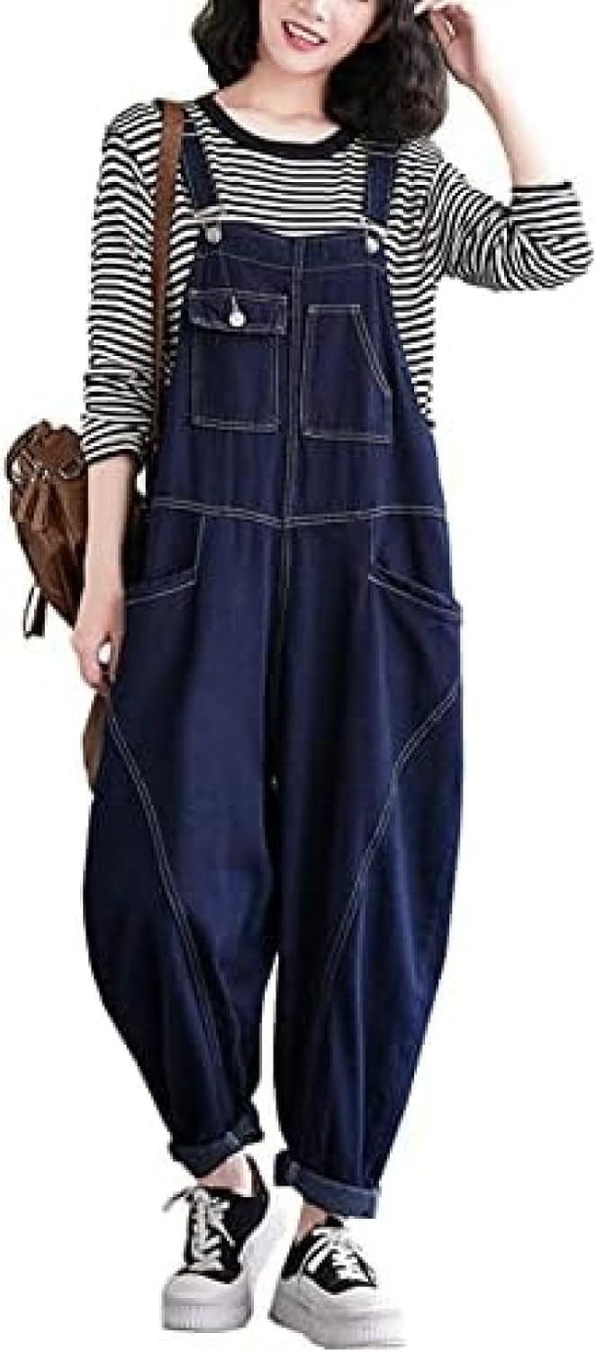 デニム サロペット レディース オーバーオール ゆったり 大きいサイズ オールインワン ロングパンツ ファッション 体型カバー おしゃれ ワイドパンツ 春秋