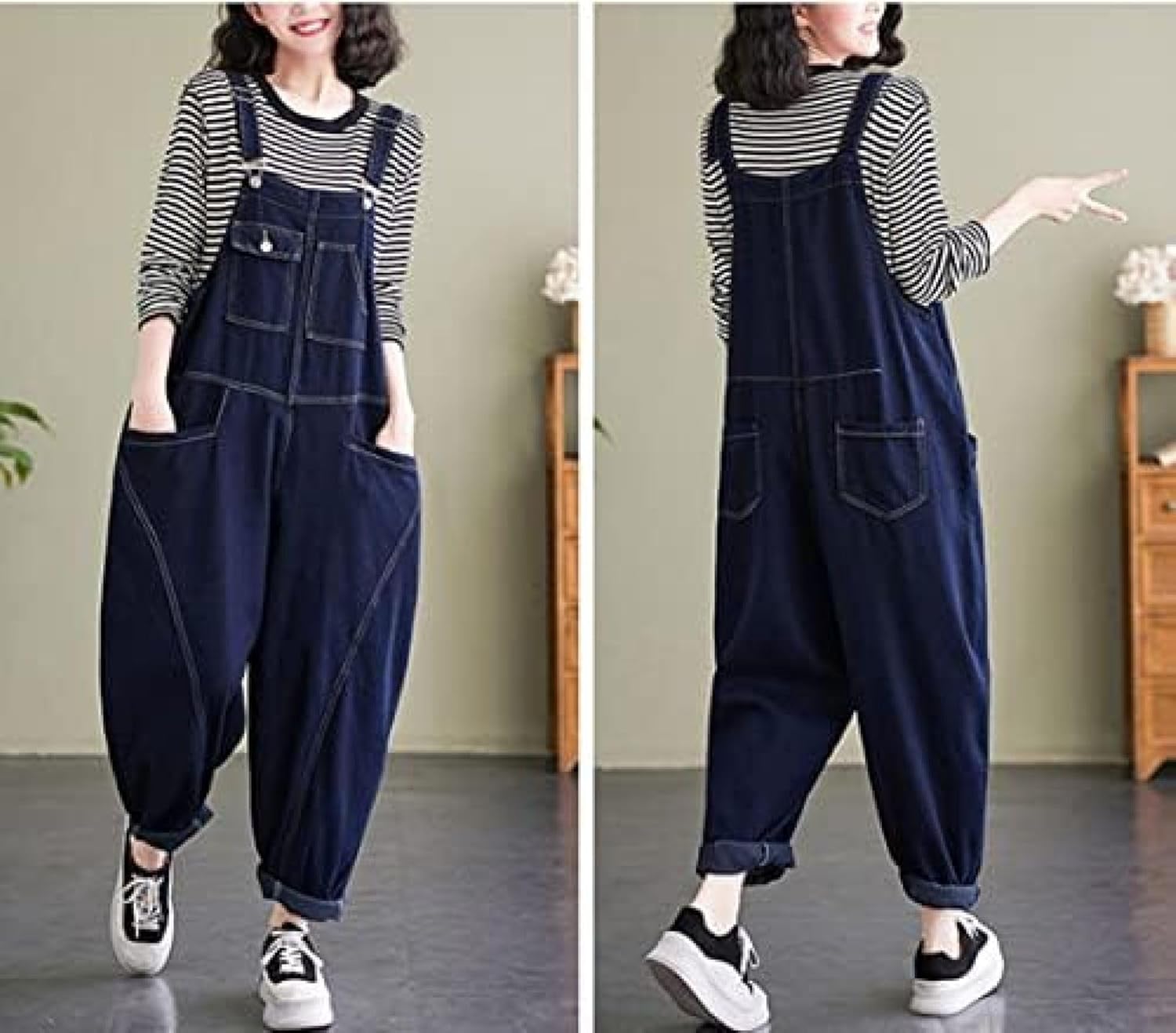 デニム サロペット レディース オーバーオール ゆったり 大きいサイズ オールインワン ロングパンツ ファッション 体型カバー おしゃれ ワイドパンツ 春秋