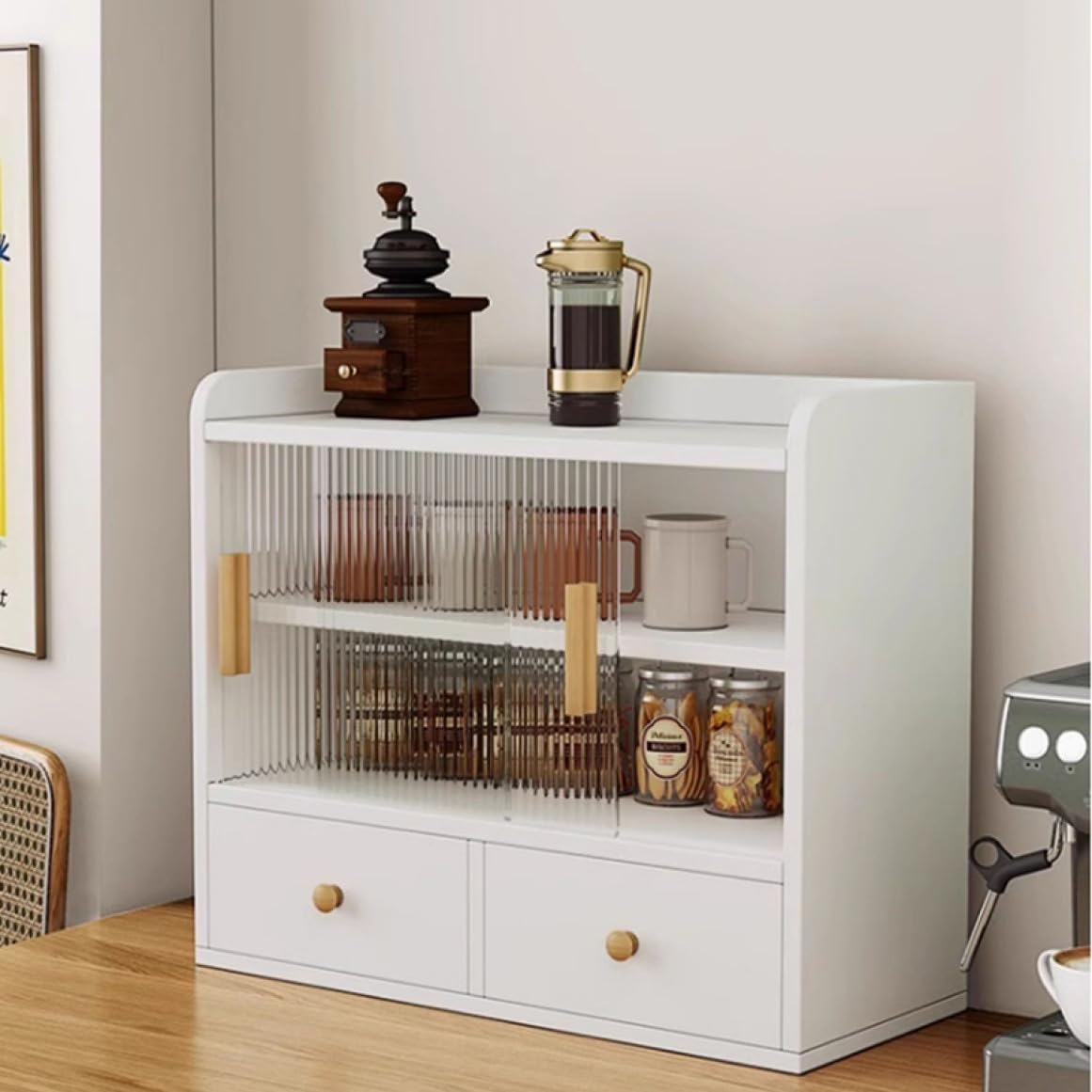 収納キャビネット ミニ食器棚 小さい 木製 無垢材 卓上用 床置き キッチンキャビネット カップボード キッチン収納 家庭用 カウンター収納 カップホルダー 卓上キャビネット 防塵 60*30*50c