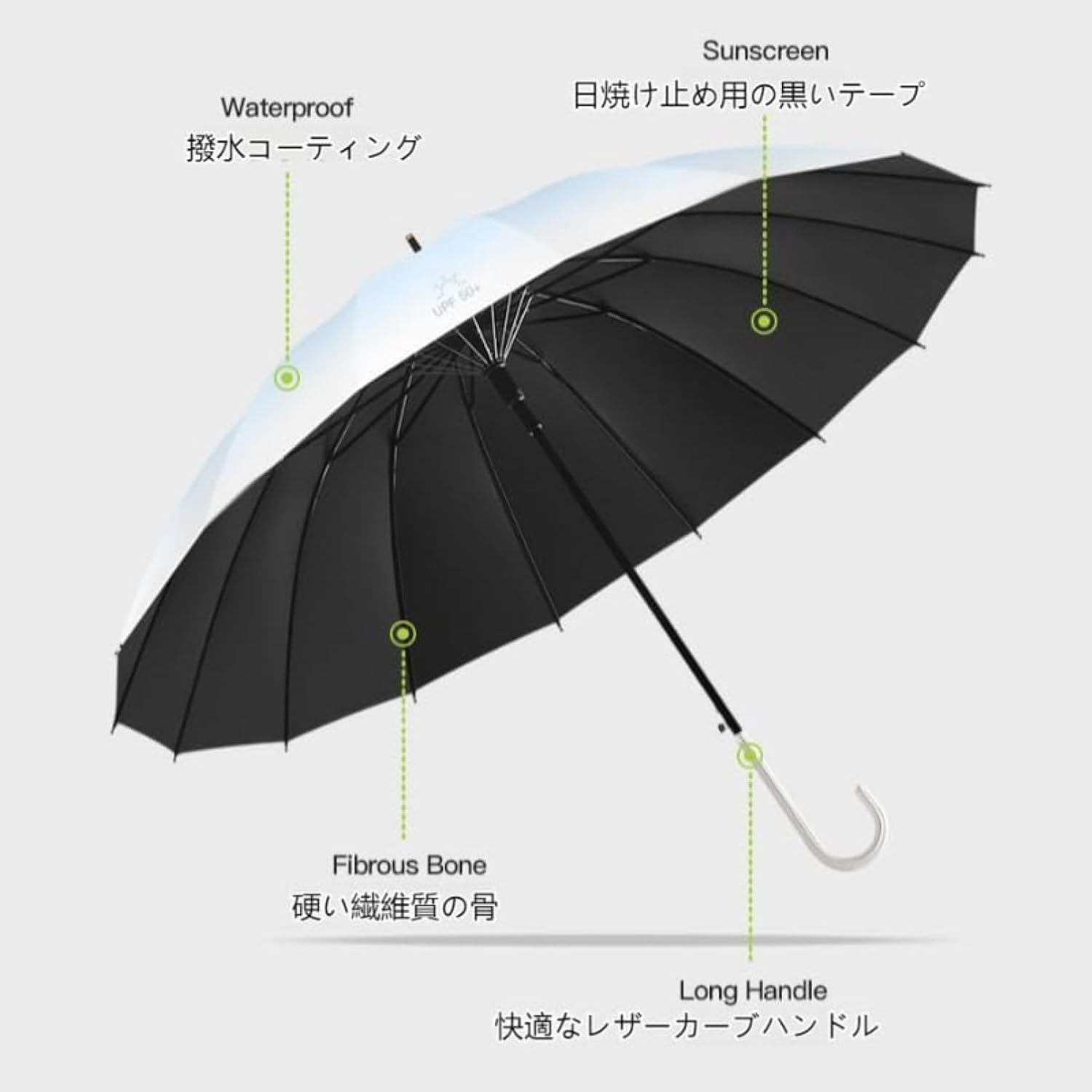 日傘 長柄傘 晴雨兼用傘 UVカット 遮光率100% UPF50+ 軽量 丈夫 防風防水 悪天候に強い 16本骨 カラー豊富 大雨対応 梅雨対応おしゃれ かわいい 通勤 通学に適
