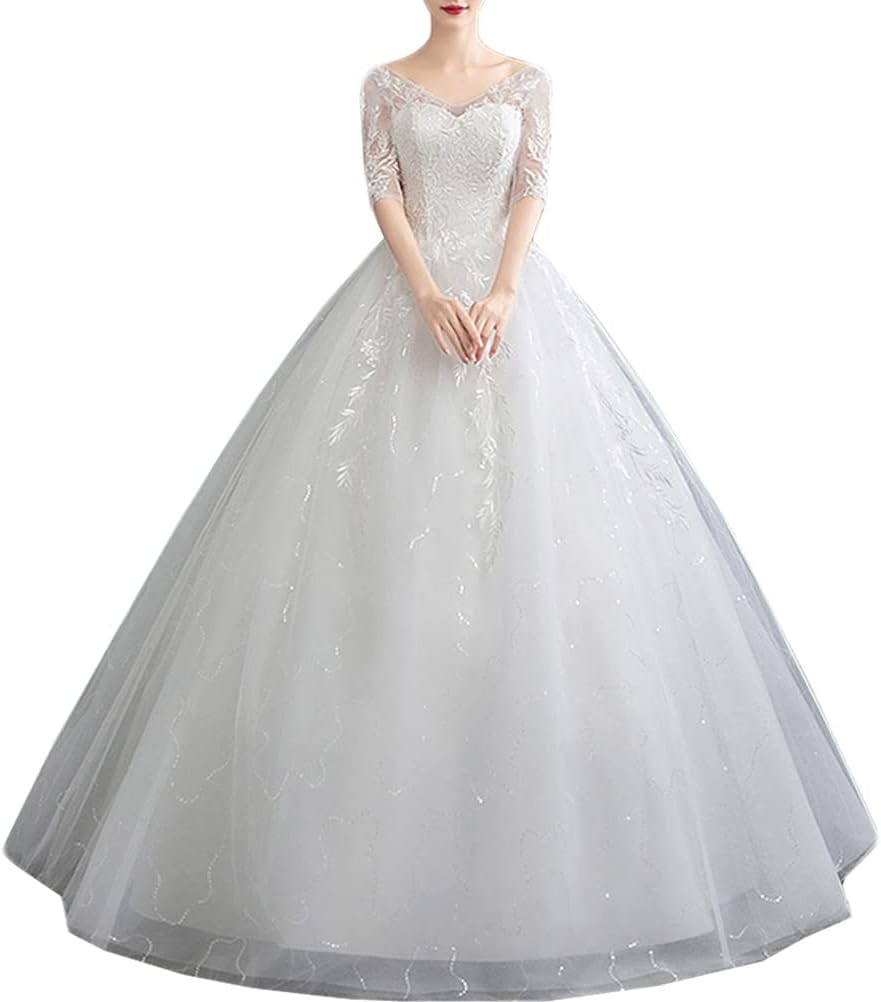 レディース 花嫁ワンピース ウェディングドレス ドレス 結婚式ドレス ロングドレス ワンピース フォーマルドレス 宴会ドレス 半袖 Vネック 刺繍 エレガント 結婚式 披露宴 二次会 演奏会 パーティ