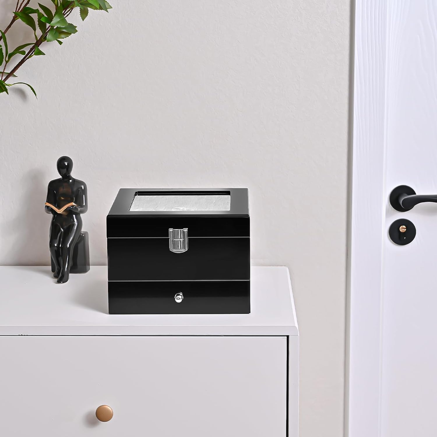 腕時計ケース 6本用 2段式 木製 ウオッチボックス 男性 ピアノ塗装 ガラス天板 ディスプレイケース 高級 プレゼント（ブラック）