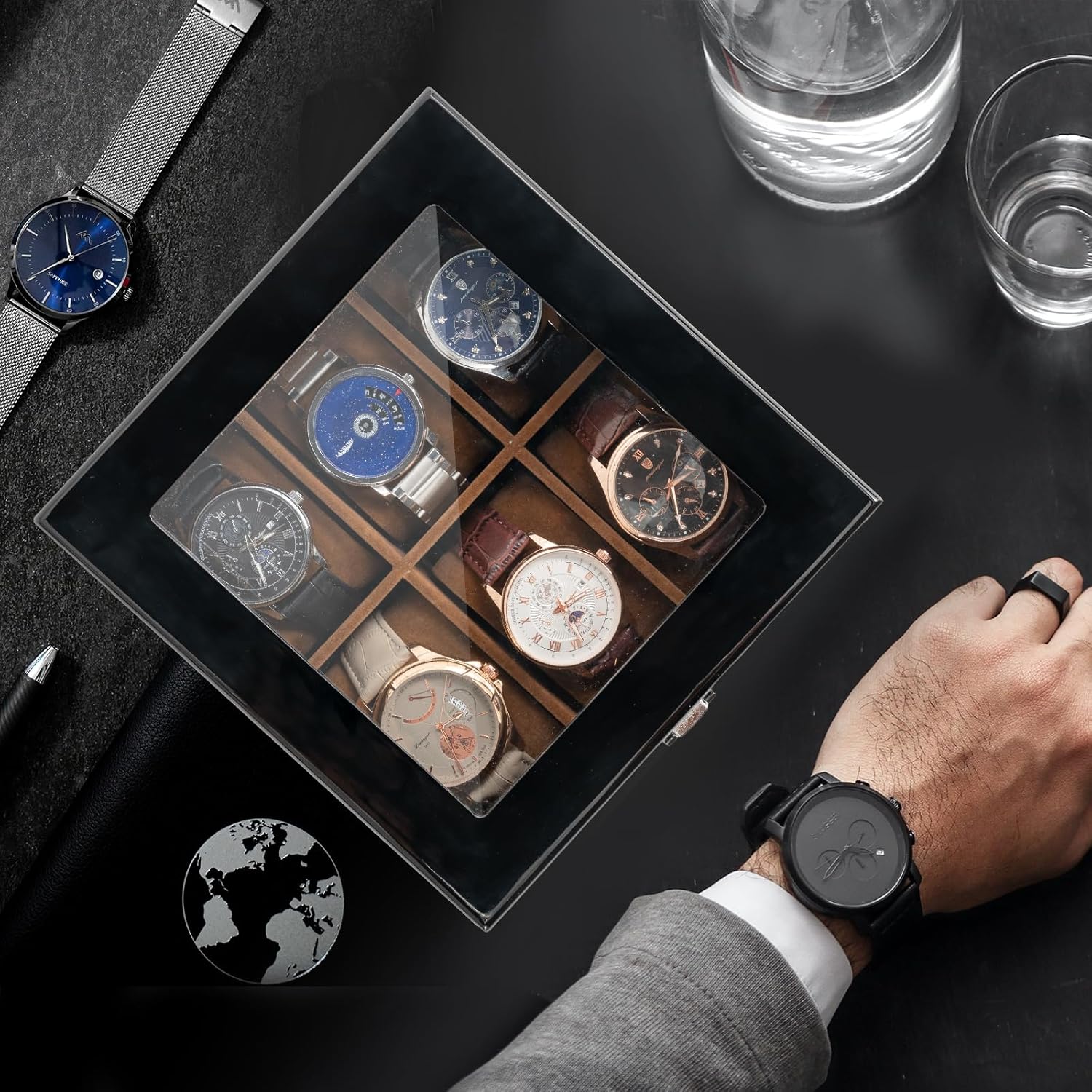 腕時計ケース 6本用 2段式 木製 ウオッチボックス 男性 ピアノ塗装 ガラス天板 ディスプレイケース 高級 プレゼント（ブラック）