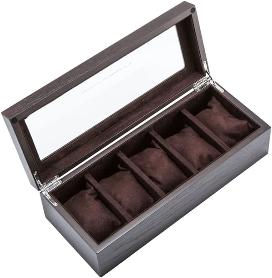 腕時計ケース 収納ケース 高級収納ボックス 5本用 木製 ウォッチケース 腕時計収納 コレクション 箱 展示 ガラス天板 インテリア おしゃれ (ダークブラウン)