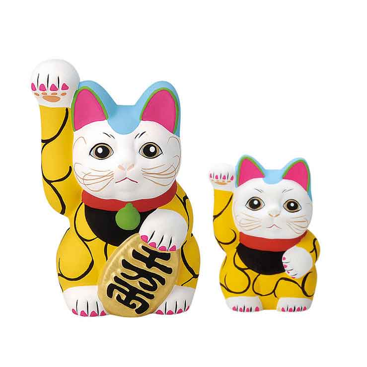 Rakuten - （イエロー）日本製　美濃焼　親子唐草　招き猫　ねこ/縁起物/千客万来/招福/干支/縁起置物/招猫/縁起置物