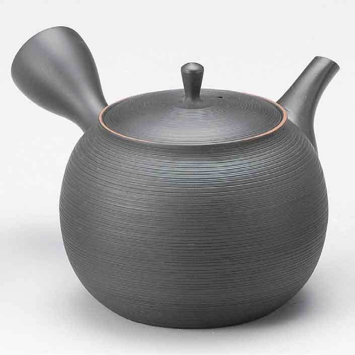 常滑焼　伝統工芸士 梅原玉光作　黒千段ライン茶っ切り急須　480cc　/平ら急須/二代目玉光/日本製/陶器/作家もの/機能急須/常滑焼急須/セラメッシュ/ティーポット/茶器/緑茶