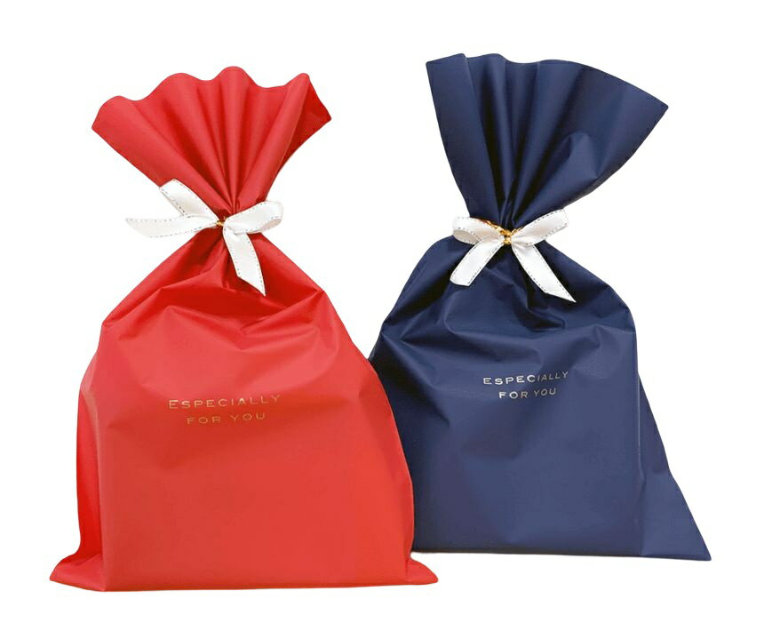 梨地 ギフトバッグ ネイビー(紺色)/レッド(赤色) + グリッターリボン付きワイヤータイ アイボリー