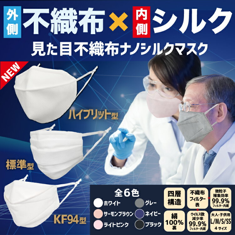 【送料無料】小杉織物 見た目不織布 ナノシルクマスク　日本製 N95級 立体3D/ハイブリッド/KF94/標準 大人用 S/M/L ホワイト 白/サーモンブラウン/ライトピンク/グレー/ネイビー/ブラック SS 子供 国産 絹 医療用並 美容 レビュー 引越し 新生活のサムネイル