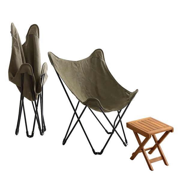 【おすすめ・人気】アウトドア 3点セット 〔カーキナチュラル〕 フォールディング テーブル チェア 同..