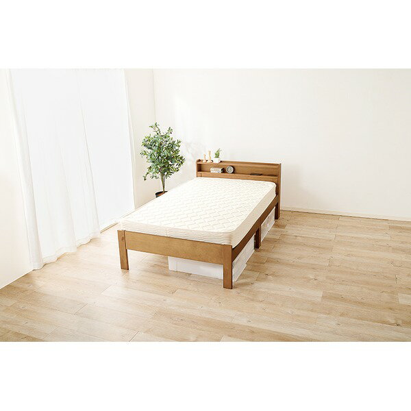 【おすすめ・人気】ベッド セミダブル ポケットコイルマットレス付き ライトブラウン 木製 棚付き 宮付き コンセント付き すのこ 組立品【代引不可】|安い 激安 格安