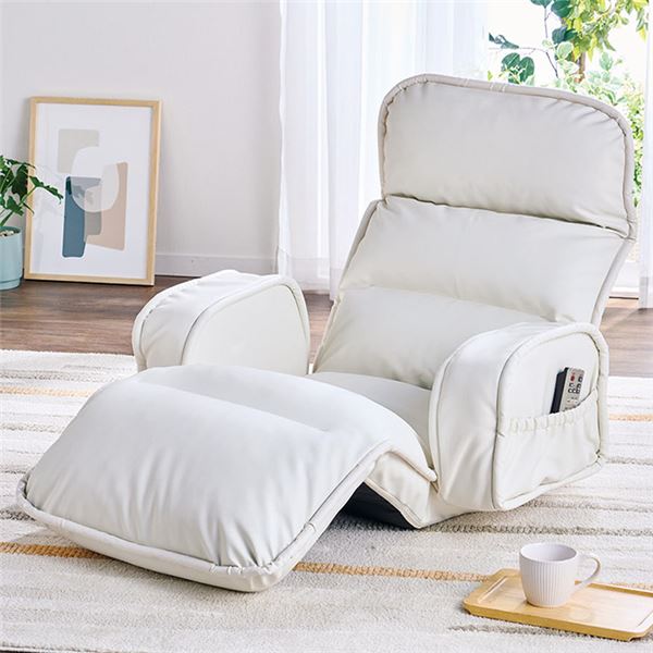 【おすすめ・人気】座椅子 フロアチェア 〔ひじ付ワイド アイボリー レザー調〕 リクライニング ハイバック NEW収納簡単低反発もこもこ座椅子|安い 激安 格安