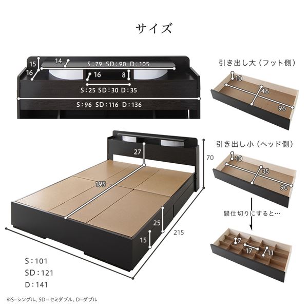 ベッド日本製収納付き引き出し付き木製照明付き宮付き棚付きコンセント付きシンプルモダンブラウンセミダブルベッドフレームのみ