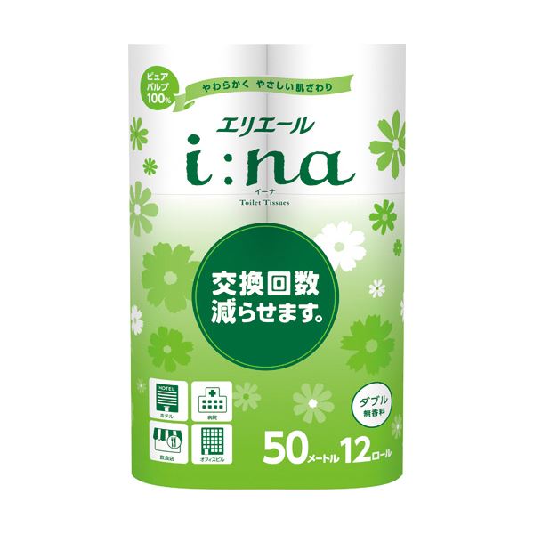 【おすすめ・人気】大王製紙 エリエールi：na（イーナ）トイレットティシュー ダブル 50m 無香料 1セット（72ロール：12ロール×6パック）|安い 激安 格安