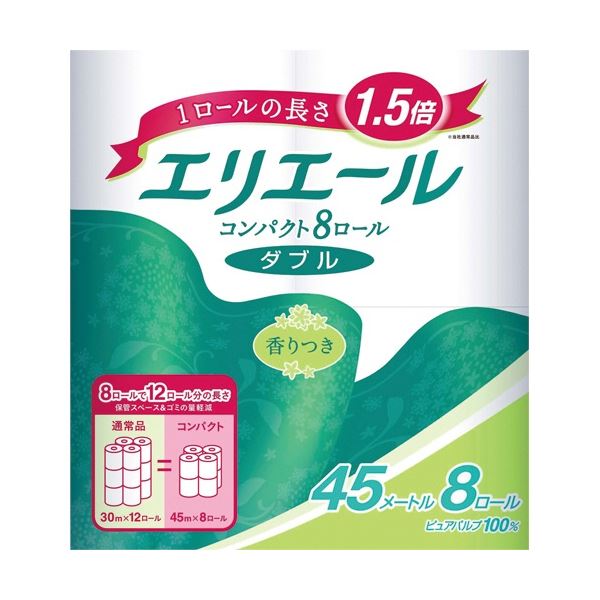 【おすすめ・人気】大王製紙 エリエール トイレットティシュー コンパクト ダブル 芯あり 45m 香り付き 1セット(64ロール：8ロール×8パック)|安い 激安 格安