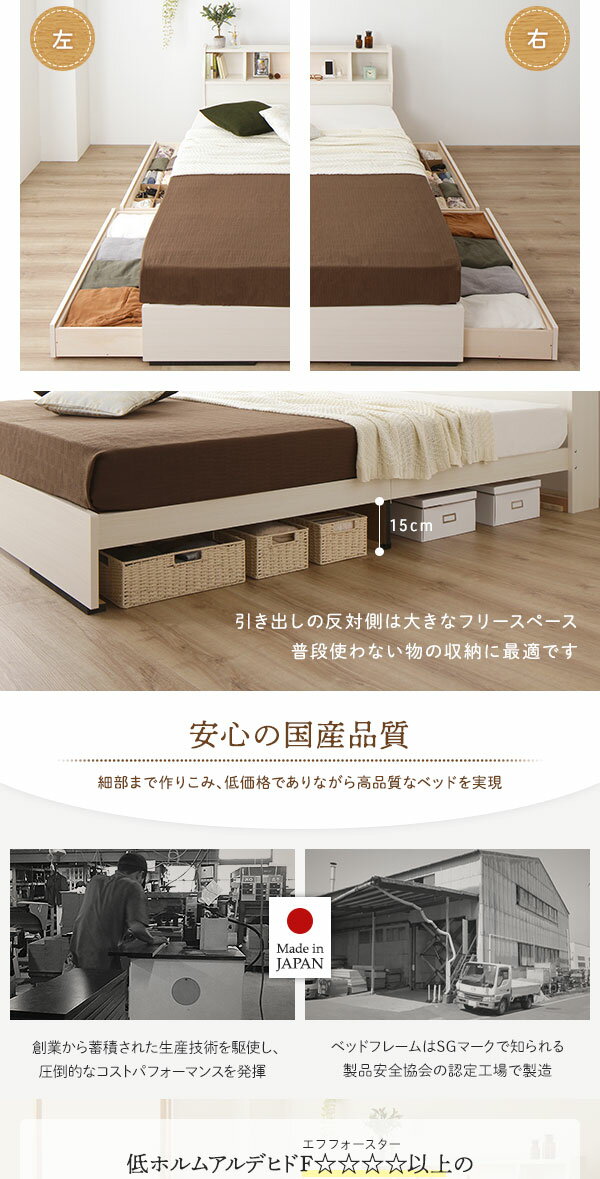 ベッド日本製収納付き引き出し付き木製カントリー照明付き棚付き宮付きコンセント付きシンプルモダンホワイトダブルベッドフレームのみ