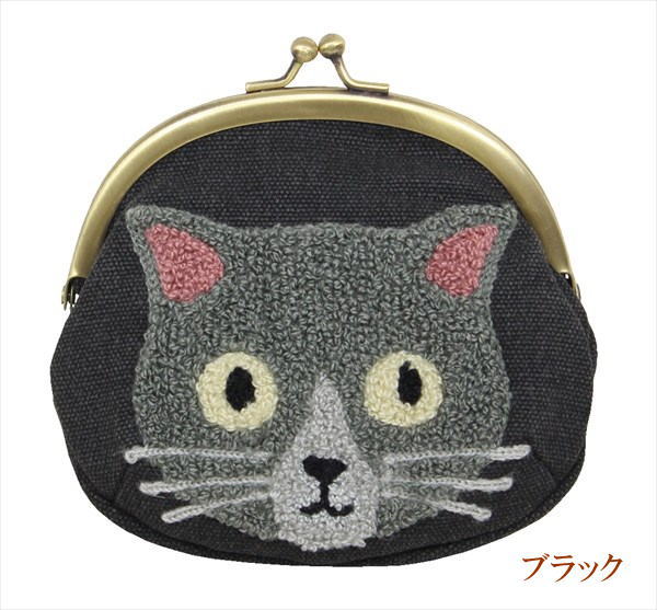 ノアファミリー がま口 財布 小銭入れ ミニポーチ ファミネコ 猫フェイス ネコ柄 サガラ刺しゅう 帆布 ベージュ/黒/茶/赤(猫 雑貨 小物 グッズ ねこ ネコ 猫柄 猫雑貨 猫グッズ 女性 レディース かわいい おしゃれ ギフト包装無料）