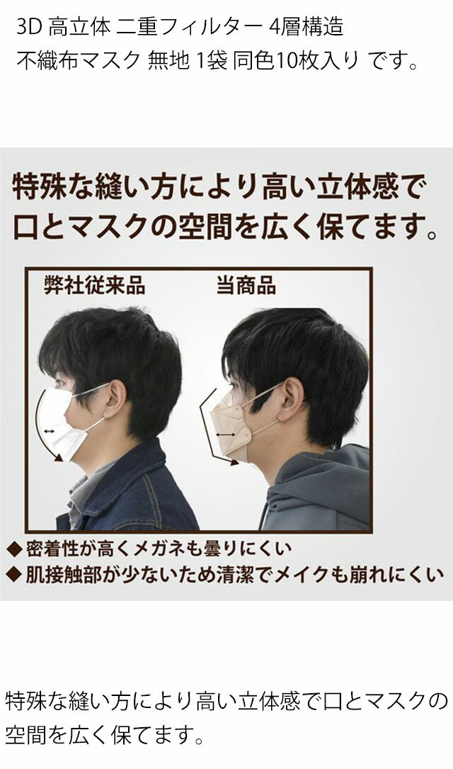 【ネコポス送料無料】 不織布 マスク 立体 カラー 3D 4層構造 二重フィルター 高立体 無地 10枚入り 大人用 16.5×20.5cm ブラック/ホワイト/パープル 飛沫対策 花粉 ホコリ 血色 ウイルスカット 男女兼用 かわいい おしゃれ