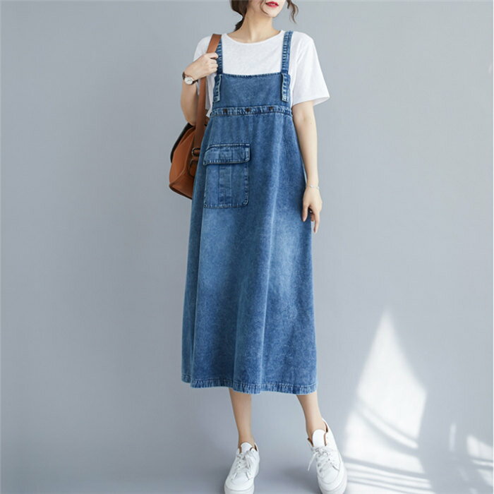 サロペット 夏 デニム ワンピース 膝丈 デニムワンピ デニムサロペット 夏 無地 ゆったり 大きいサイズ 体型カバー ブルー 送料無料