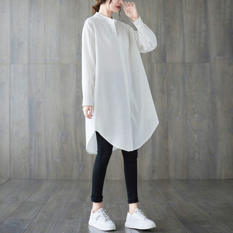 チュニック シャツ レディース 綿 ロングシャツ 長袖 立ち襟 長袖シャツ 前開き 綿混 トップス 無地 羽織り 長袖チュニック ボタン タック ゆったり 体型カバー カジュアル シャツブラウス きれいめ オフィス 通勤 白シャツ おしゃれ 大人 OL 春 夏 秋 白 黒 送料無料