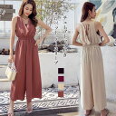 サロペット パンツ レディース ノースリーブ オールインワン 春 夏 ロング丈 Vネック ウエストゴム ジャンパースカート バックリボン 綿 ボトムス 無地 チューブトップ ワイドパンツ お洒落 シンプル 普段着 オーバーオール 通勤 通学 お出かけ カジュアル 送料無料