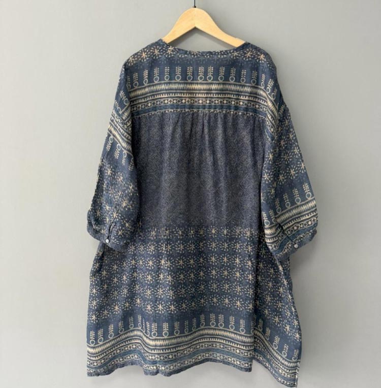 チュニック 半袖 大きいサイズ レディース 春夏 ブラウス チュニックワンピース トップス ロングシャツ ロング丈 プリント ラウンドネック ボタン シャツブラウス 七分袖 ゆったり ボリューム袖 体型カバー 涼しい 薄手 レトロ シンプル 大人可愛い お洒落 通学 お出掛け