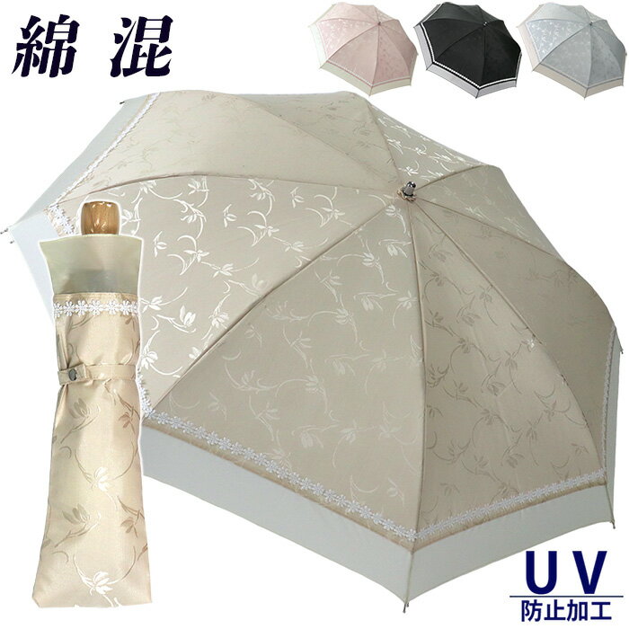 【スタートダッシュ 28時間限定 10%OFFクーポン】 傘 日傘 晴雨兼用傘 折りたたみ レディース 花柄 無地 575601 無地 綿 UV防止 おしゃれ 上品 2つ折 花柄ジャガード オーガンジー 切継ぎ 小花ブレード 母の日 プレゼント対応 通勤 通学 自分用 コンパクト 女性用のサムネイル