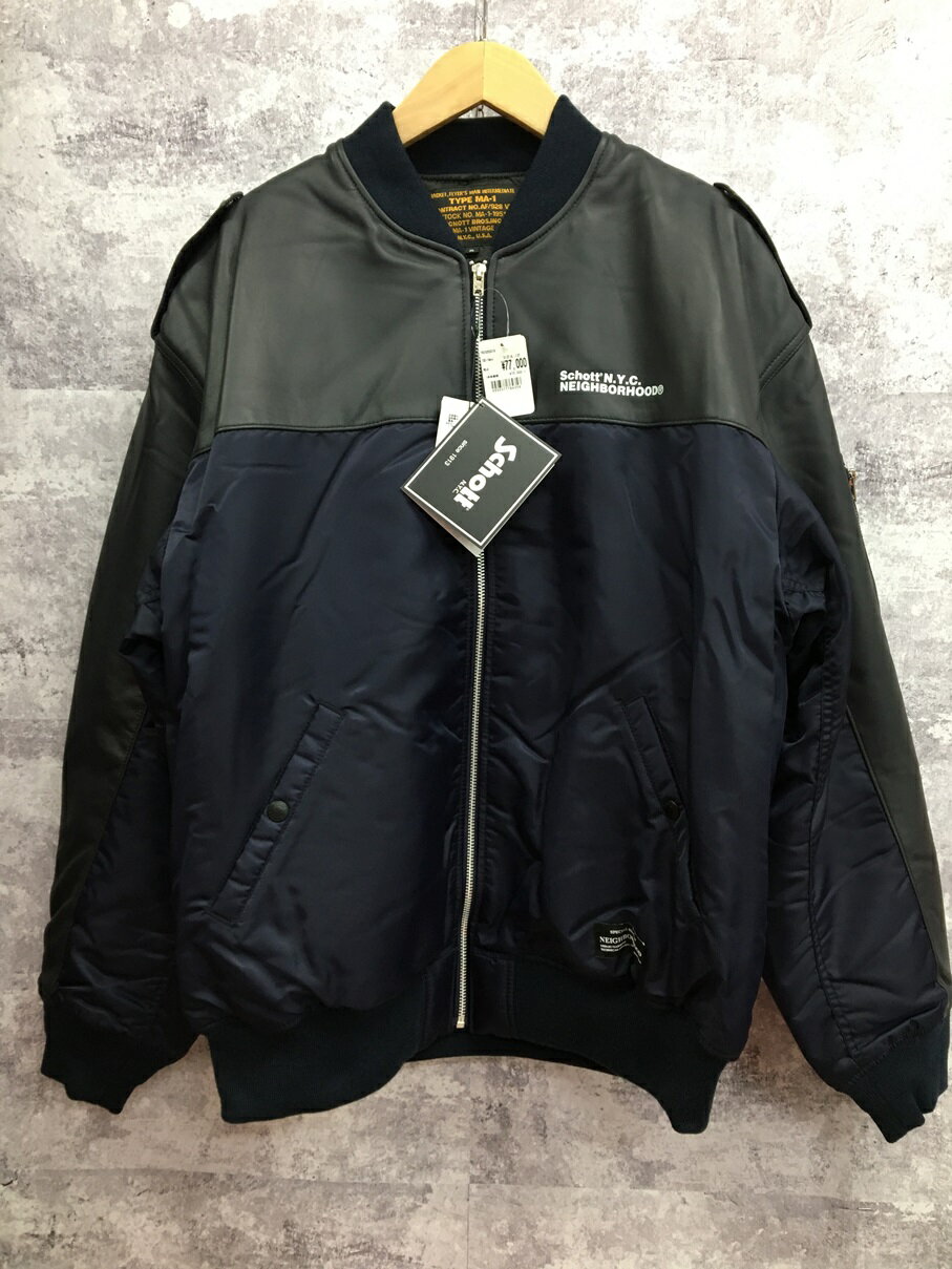 【送料無料】NEIGHBORHOOD NH X Schott . LEATHER COMBI MA-1 JACKET ネイバーフッド ショット ネイビー【中古】【004】