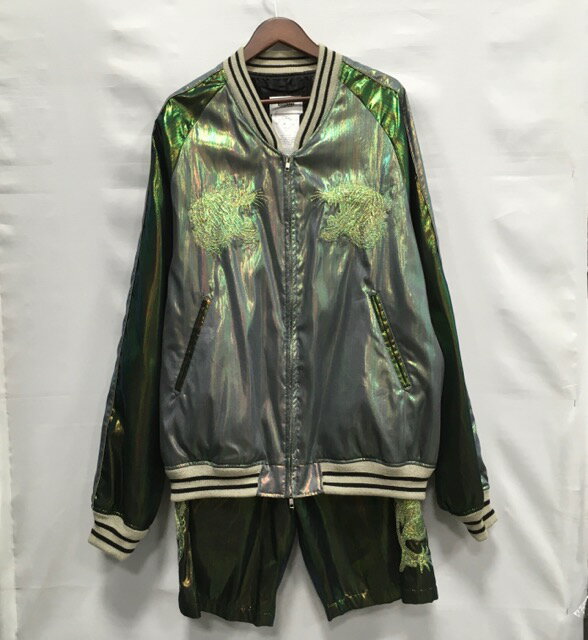 【送料無料】doublet HOLOGRAM SOUVENIR JACKET 23SS09BL161 HOLOGRAM SHORT PANTS 23SS09PT229/ ダブレット ホログラムスーベニアジャケット　ショートパンツ　セットアップ　上下セット　メンズ　グリーン　size:上 L　下 M【中古】【006】