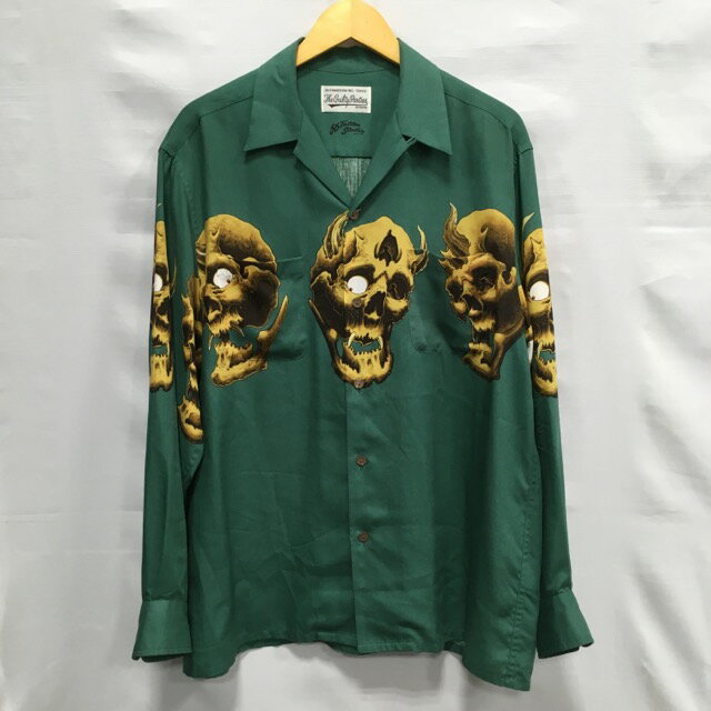 【送料無料】WACKO MARIA × 56 TATTOO STUDIO L/S HAWAIIAN SHIRT 56TS-WM-HI03 / ワコマリア × 56タトゥースタジオ ロングスリーブハワイアンシャツ 鬼スカル 21AW 長袖 アロハシャツ メンズ グリーン size:L【中古】【006】
