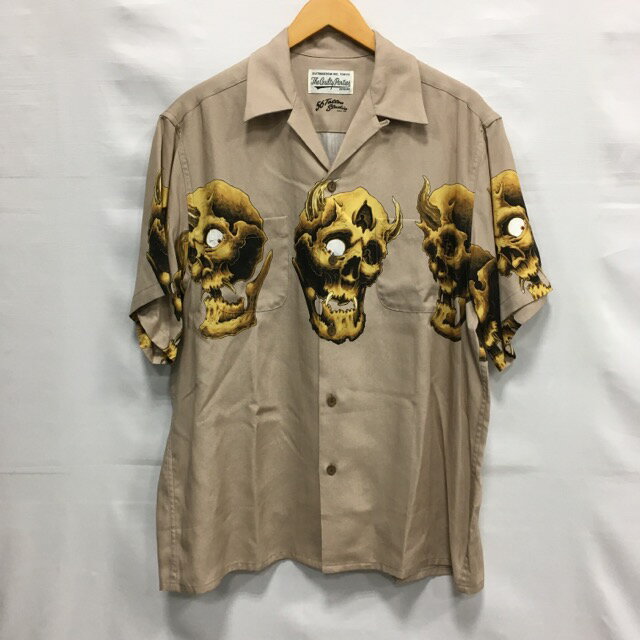 【送料無料】WACKO MARIA × 56 TATTOO STUDIO S/S HAWAIIAN SHIRT 56TS-WM-HI01 / ワコマリア × 56タトゥースタジオ ショートスリーブハワイアンシャツ 鬼スカル アロハシャツ オープンカラー 半袖 メンズ ベージュ size:M【中古】【006】