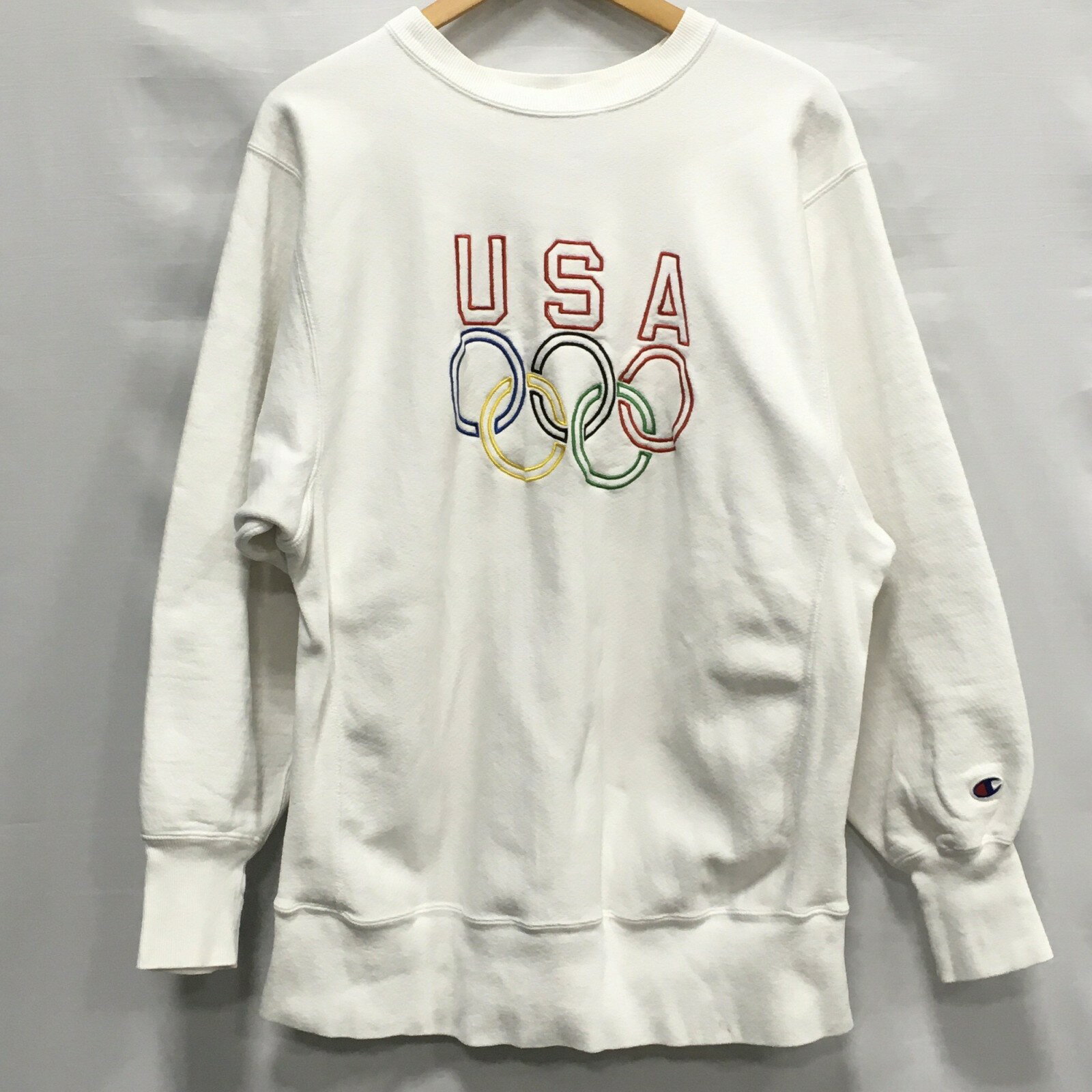 【送料無料】Champion REVERSE WEAVE / チャンピオン 90's USAオリンピック ロゴ刺繍 リバースウィーブ スウェット　五輪　刺繍タグ　裏起毛　メンズ　ホワイト　size:XL【中古】【006】(4)