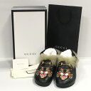 【送料無料】GUCCI / グッチ アングリーキャット ファー サンダル 刺繍 ビット レザー ブラック size:27〜28cm位【中古】【006】