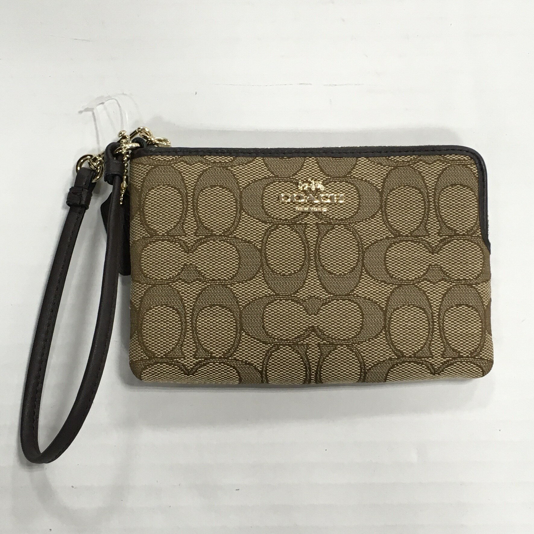 【送料無料】COACH / コーチ シグネチャー ジャカード キャンバス コーナー ジップ リストレット 64283　ポーチ　レディース　ブラウン【中古】【006】