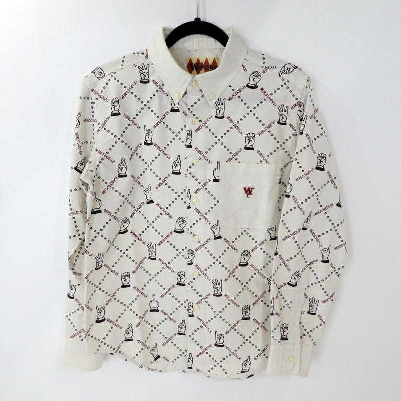 【中古】Weirdo｜ワイアード WRD HAND SIGN BUTTON DOWN SHIRT ロングスリーブ 総柄BDシャツ 2012S/S ホワイト サイズ：S / ドメス【f104】