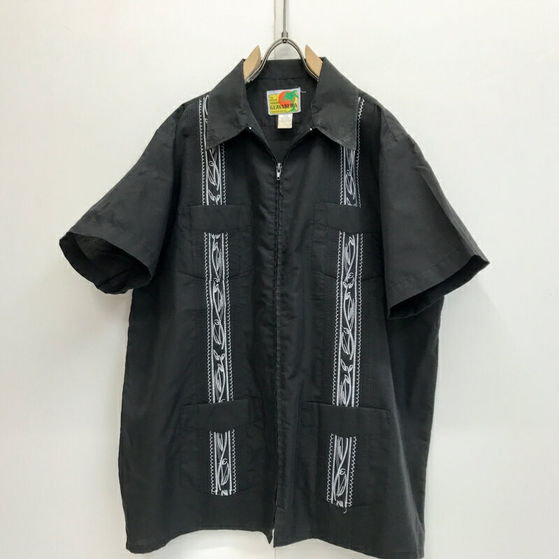 【送料無料】ハバンド 襟芯入り フルジップ 半袖 キューバシャツ GUAYABERA SHIRTS ブラック XXL【ヴィンテージ ビンテージ】【アメリカ古着】【中古 USED 古着】