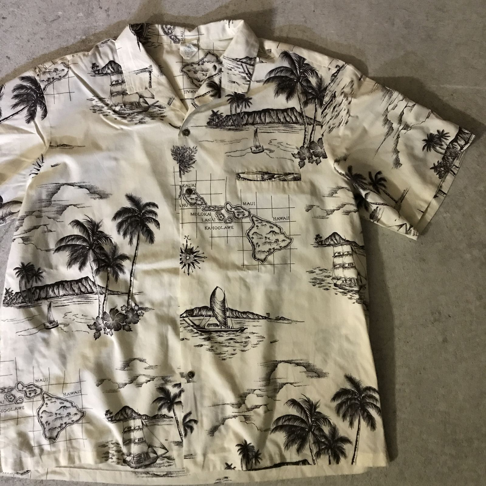 【中古】 半袖シャツ 70~80年代 CREATIONS HAWAII アロハ ハワイアンシャツ オフホワイト 線画柄 ホワイト サイズ:XXL【加古川物流】