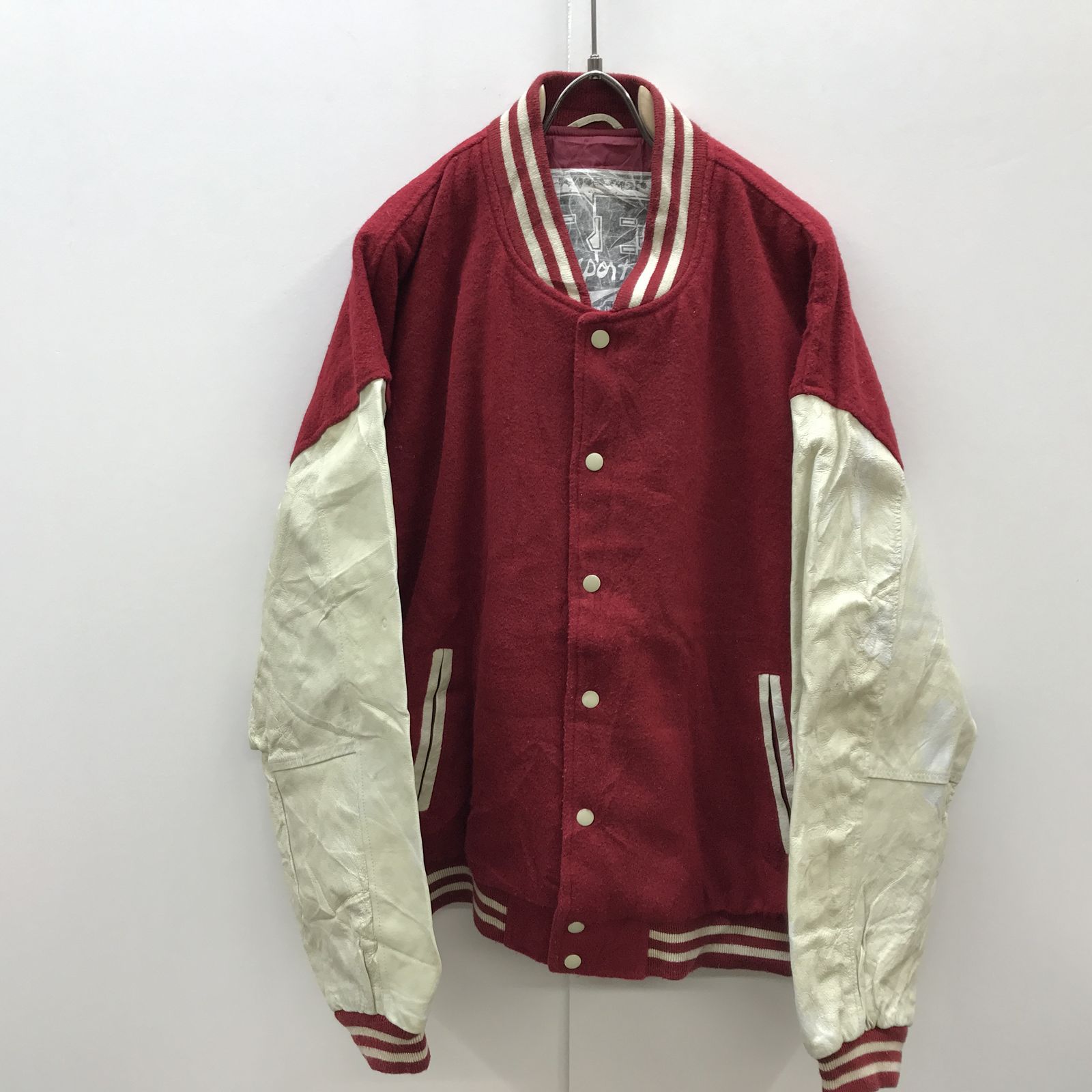 【中古】 その他アウター 80年代 袖革スタジャン レッド・オフホワイト XXL リメイクにも! レッド サイズ:XL【加古川物流】